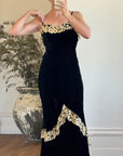 Vintage 40s Velvet Bias Strappy Dress with Lace Trim Noir
