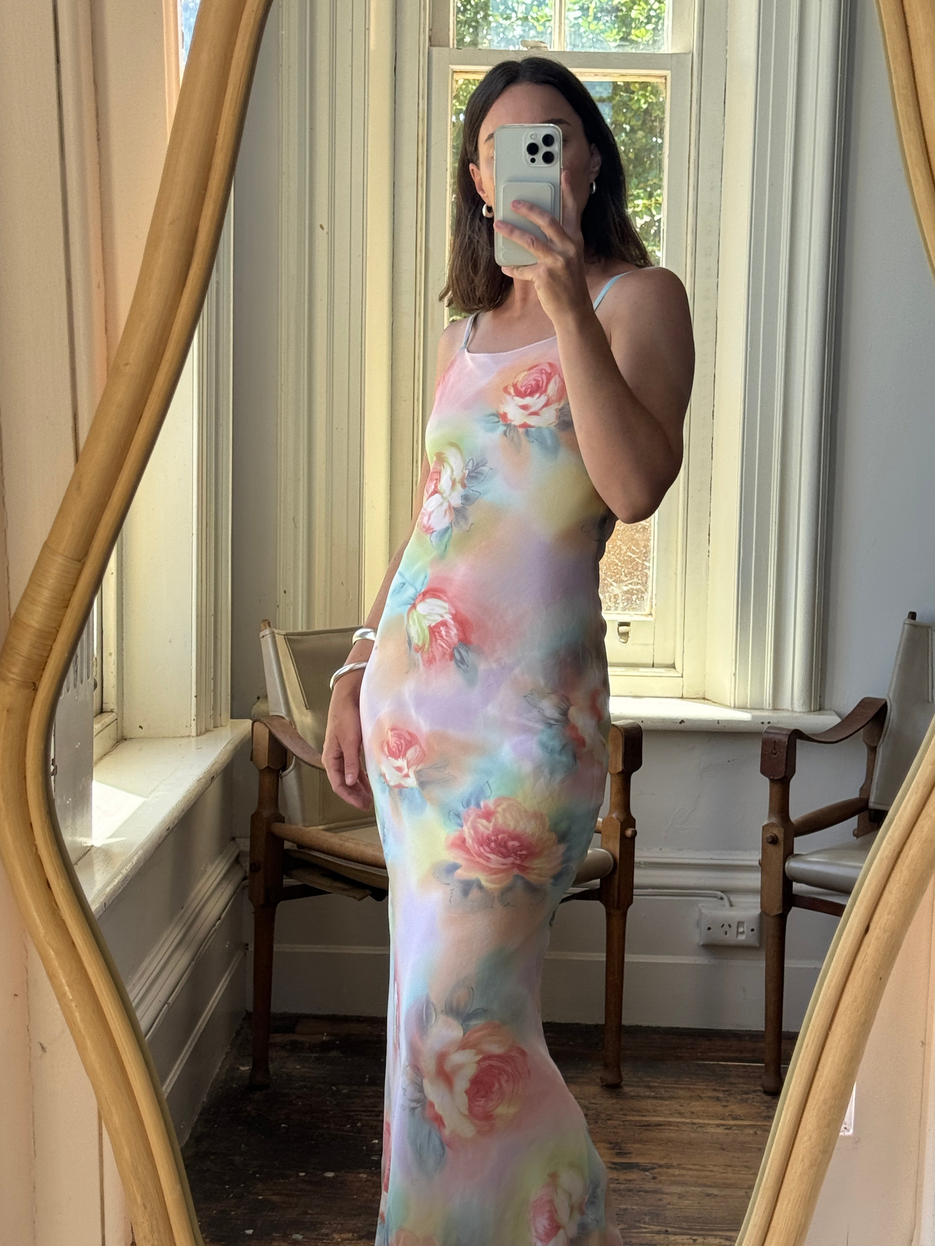 Vintage 90s Cloudy Floral Strappy Midi Dress