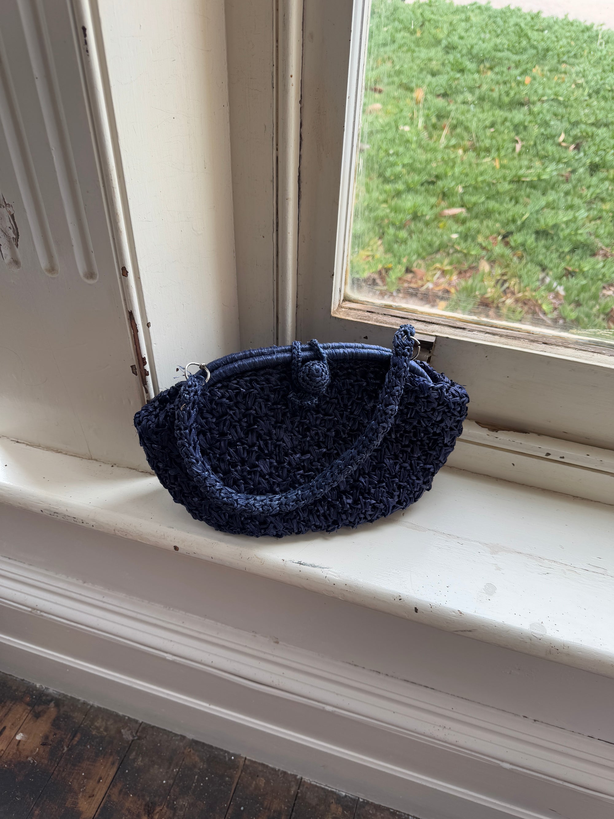 Vintage Raffia Shoulder Bag Navy