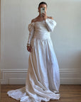 Vintage 90s Pure Silk Rosette Off Shoulder Wedding Gown