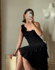 Vintage 90s One Shoulder Ruffle Jersey Dress Noir