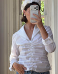 Vintage 90s Structured Collar Gathered Blouse Crisp White