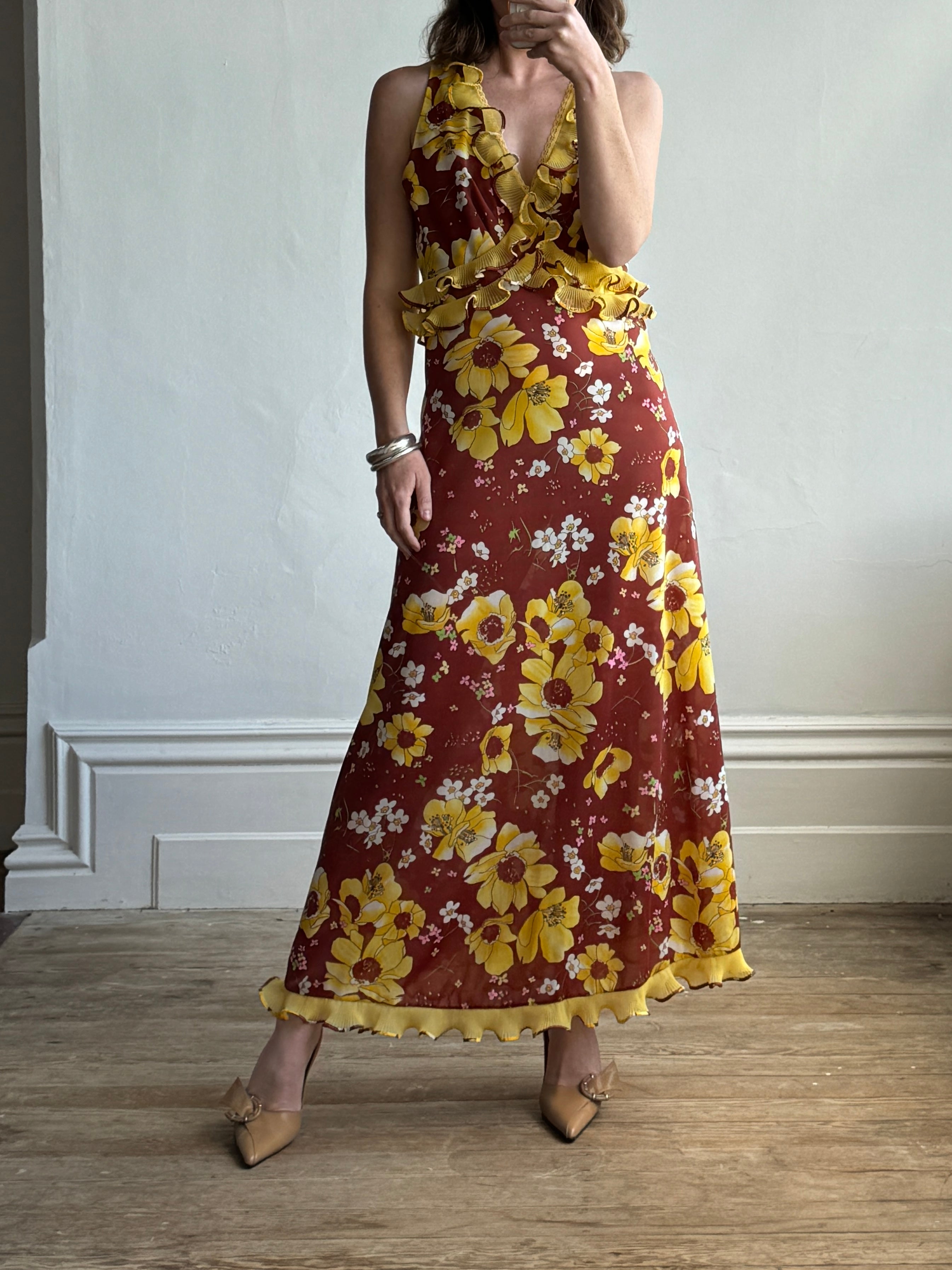 Vintage Italian Floral Ruffle Maxi Dress