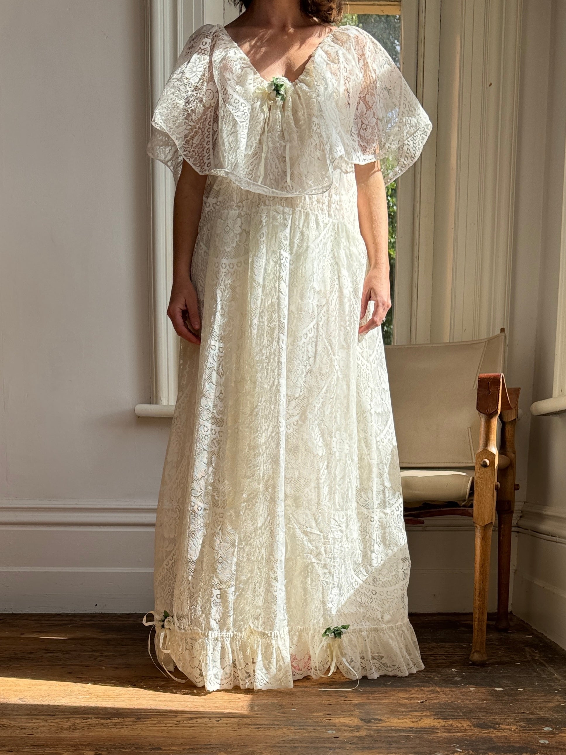 Vintage Lace Frilled Maxi Dress with Rose Applique