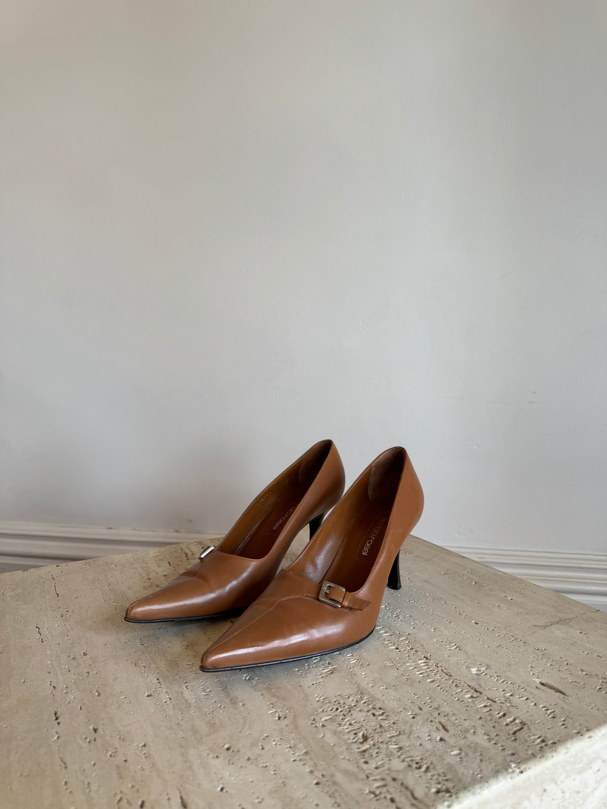 Vintage Sergio Rossi Buckle Heels Tan Leather