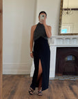 Vintage 70s High Neck Silver Lurex Evening Gown Noir