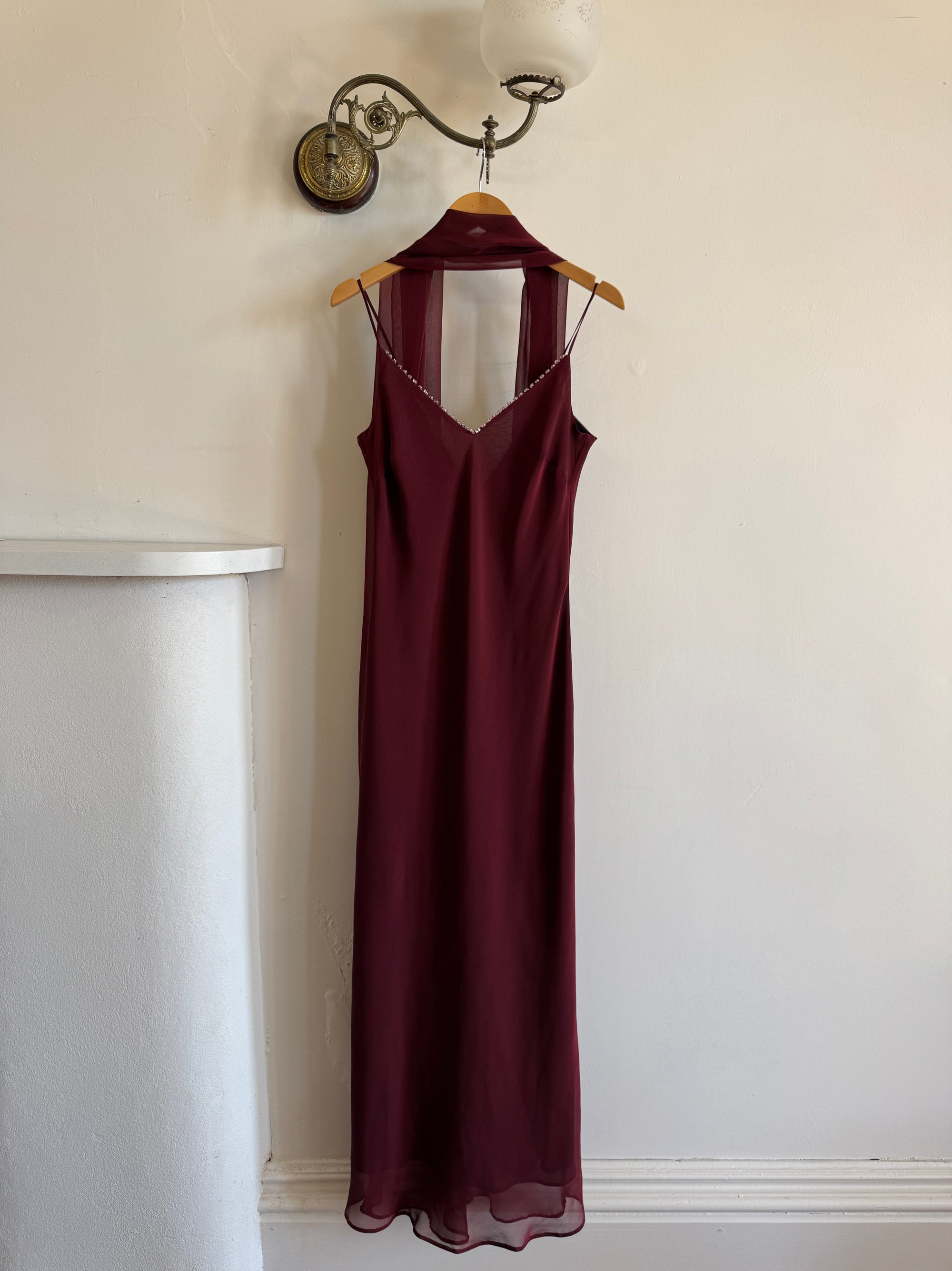 Vintage 90s Burgundy Slip Dress With Pink Sequins and Scarf