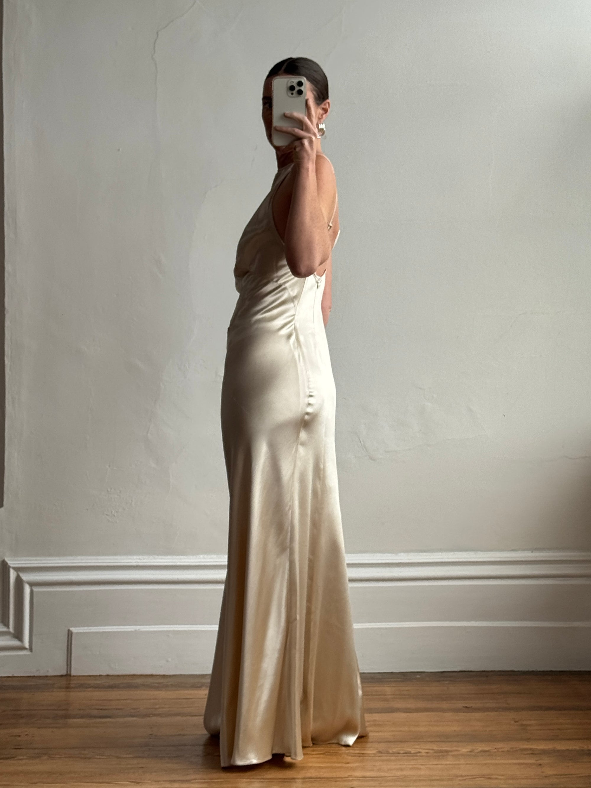 Vintage 90s Plein Sud Champagne Satin Halter Gown