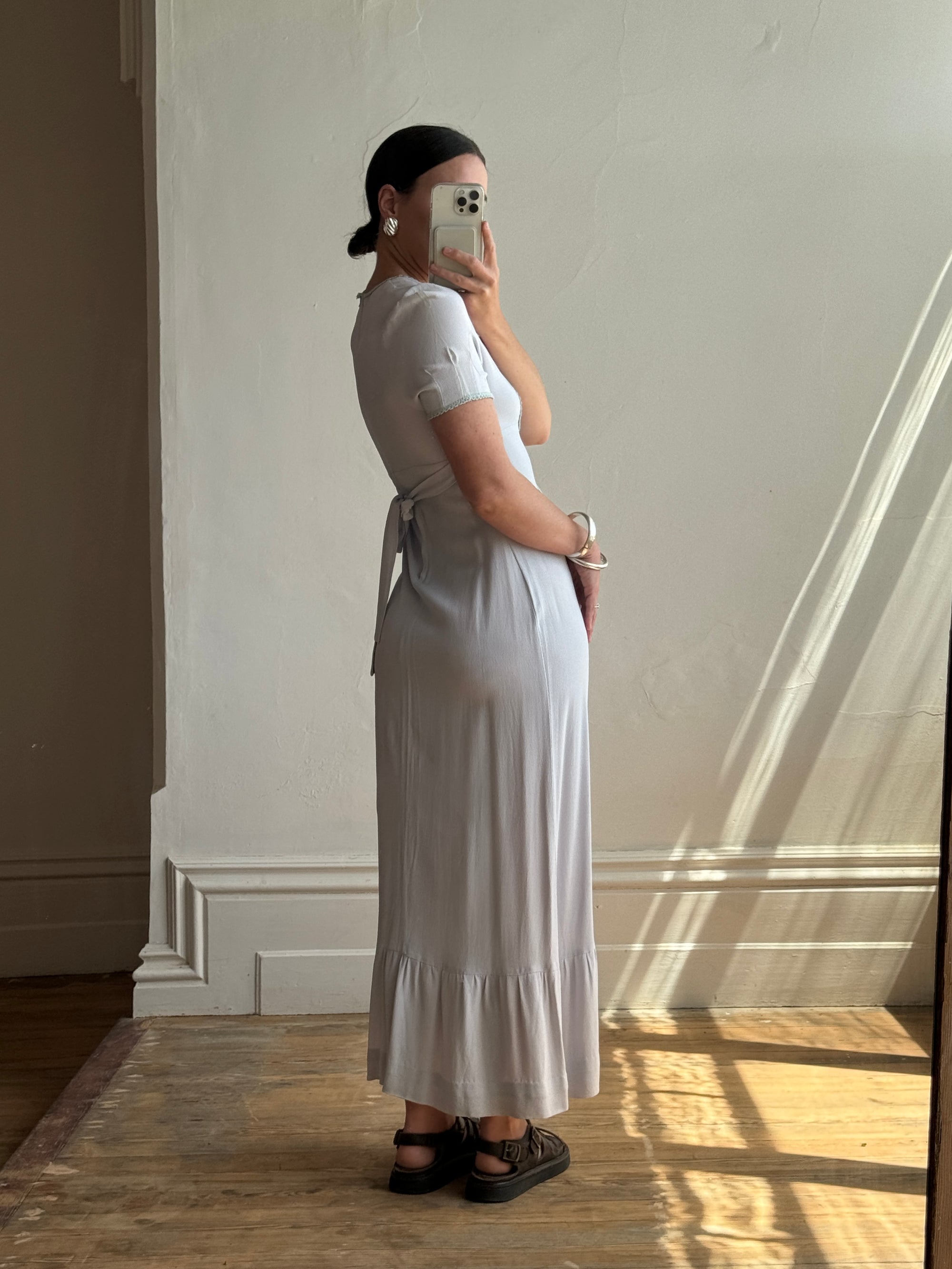 Vintage 70s Milkmaid Crepe Sundress Ice Blue