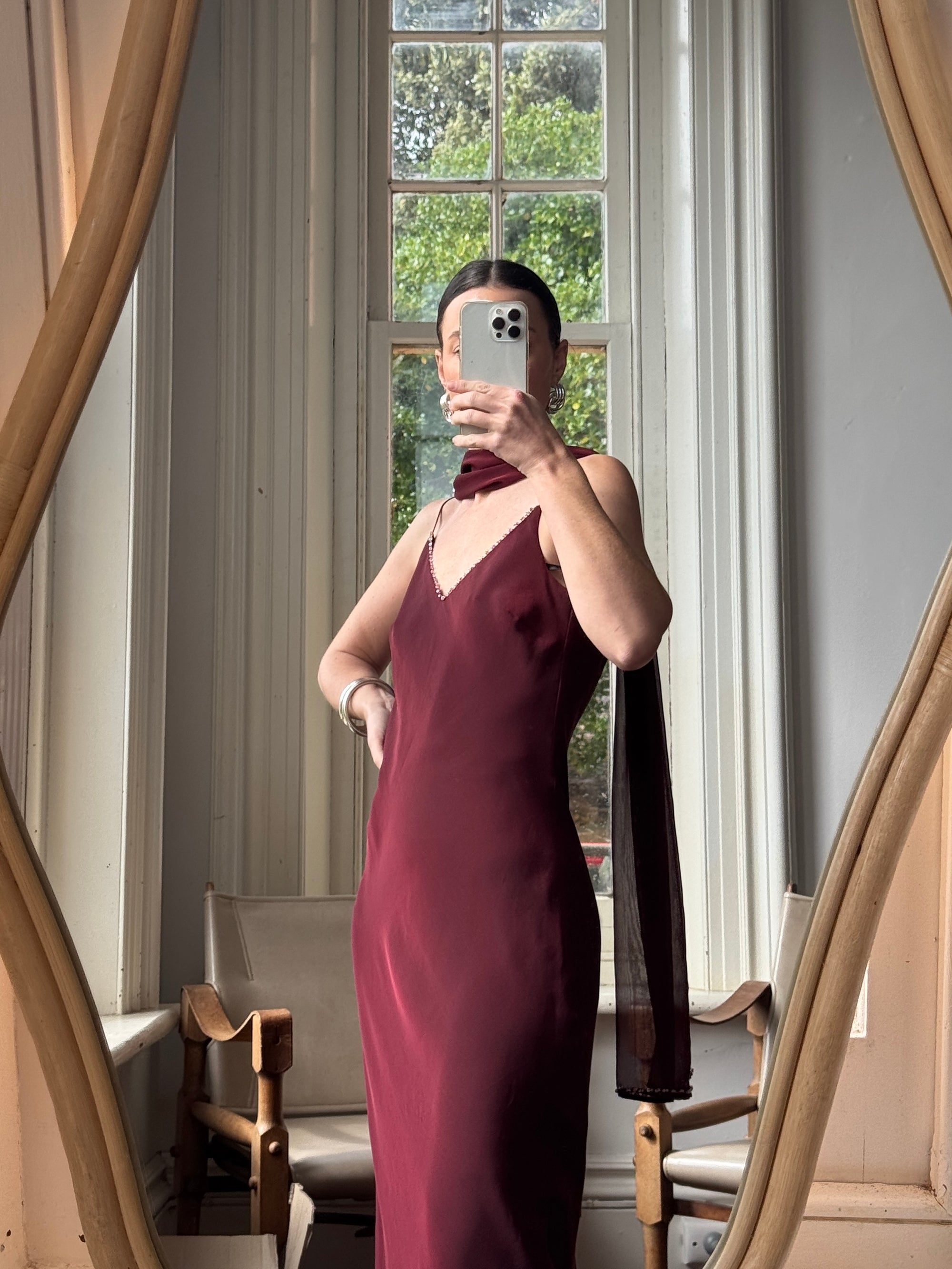 Vintage 90s Burgundy Slip Dress With Pink Sequins and Scarf