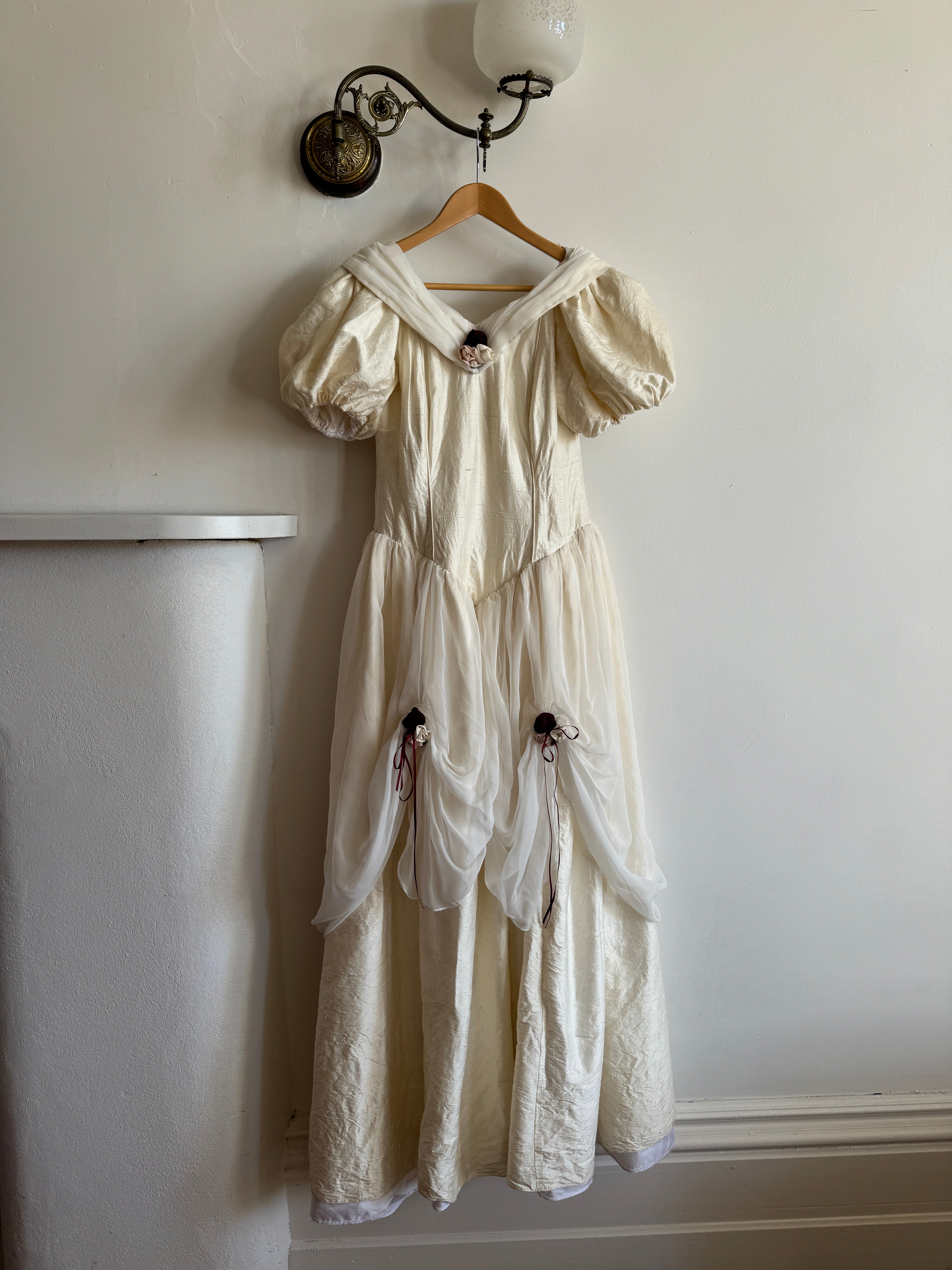 Vintage Silk Puff Sleeve Wedding Dress with Chiffon and Roses