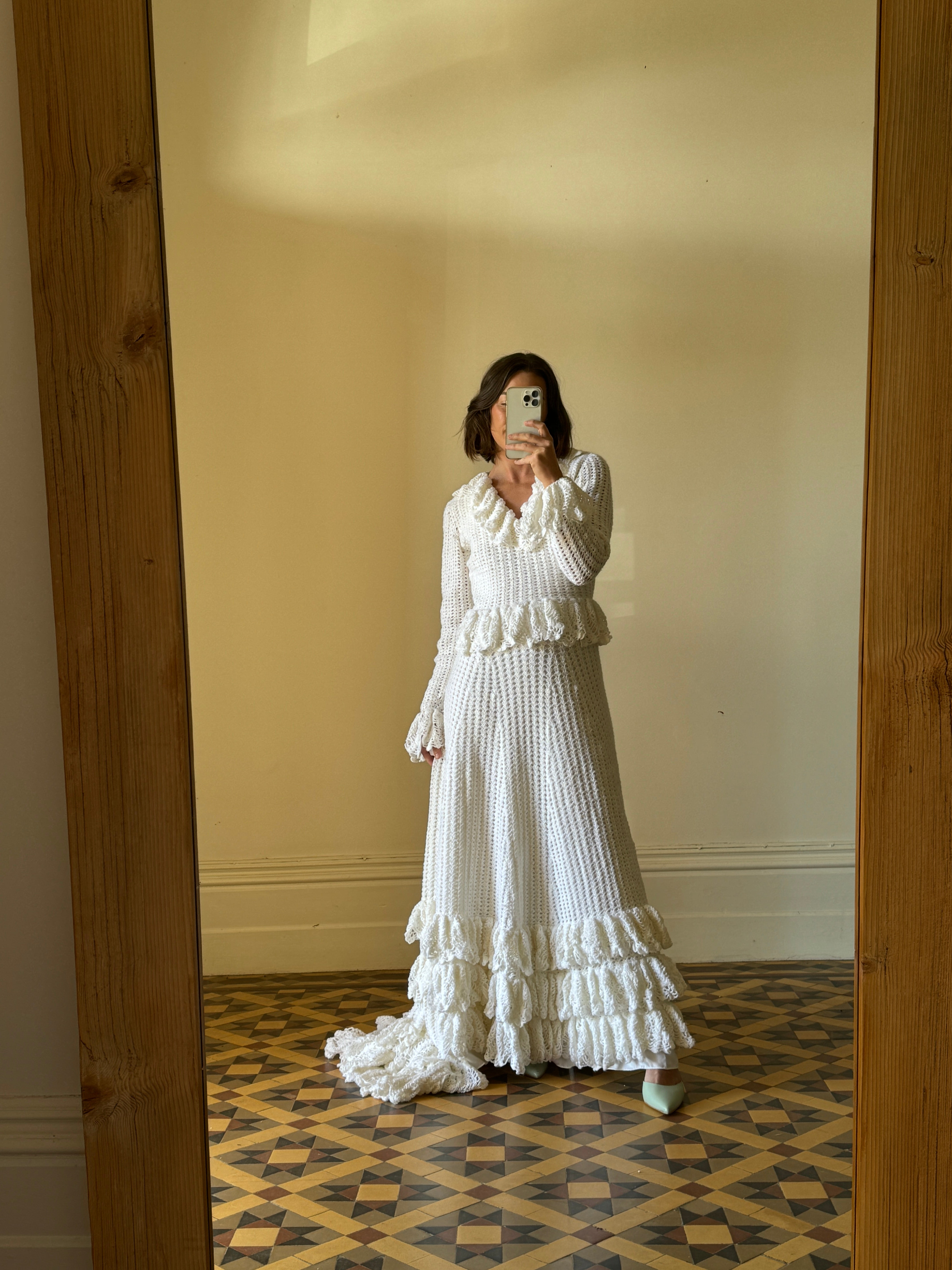 Vintage 1970s Crochet Ruffle Couture Wedding Gown