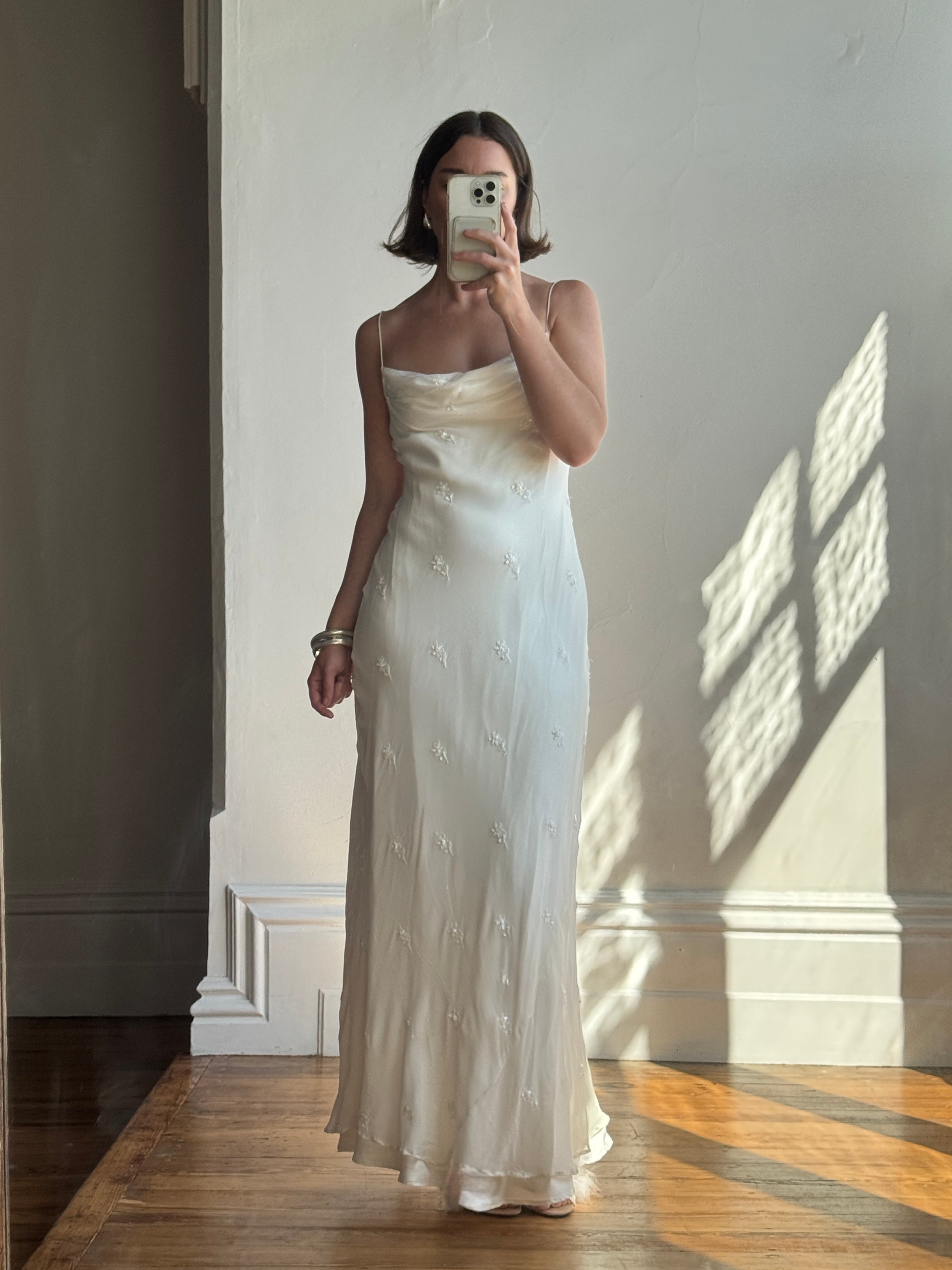Vintage 90s Pure Silk Bias Cut Slip Embroidered Wedding Dress