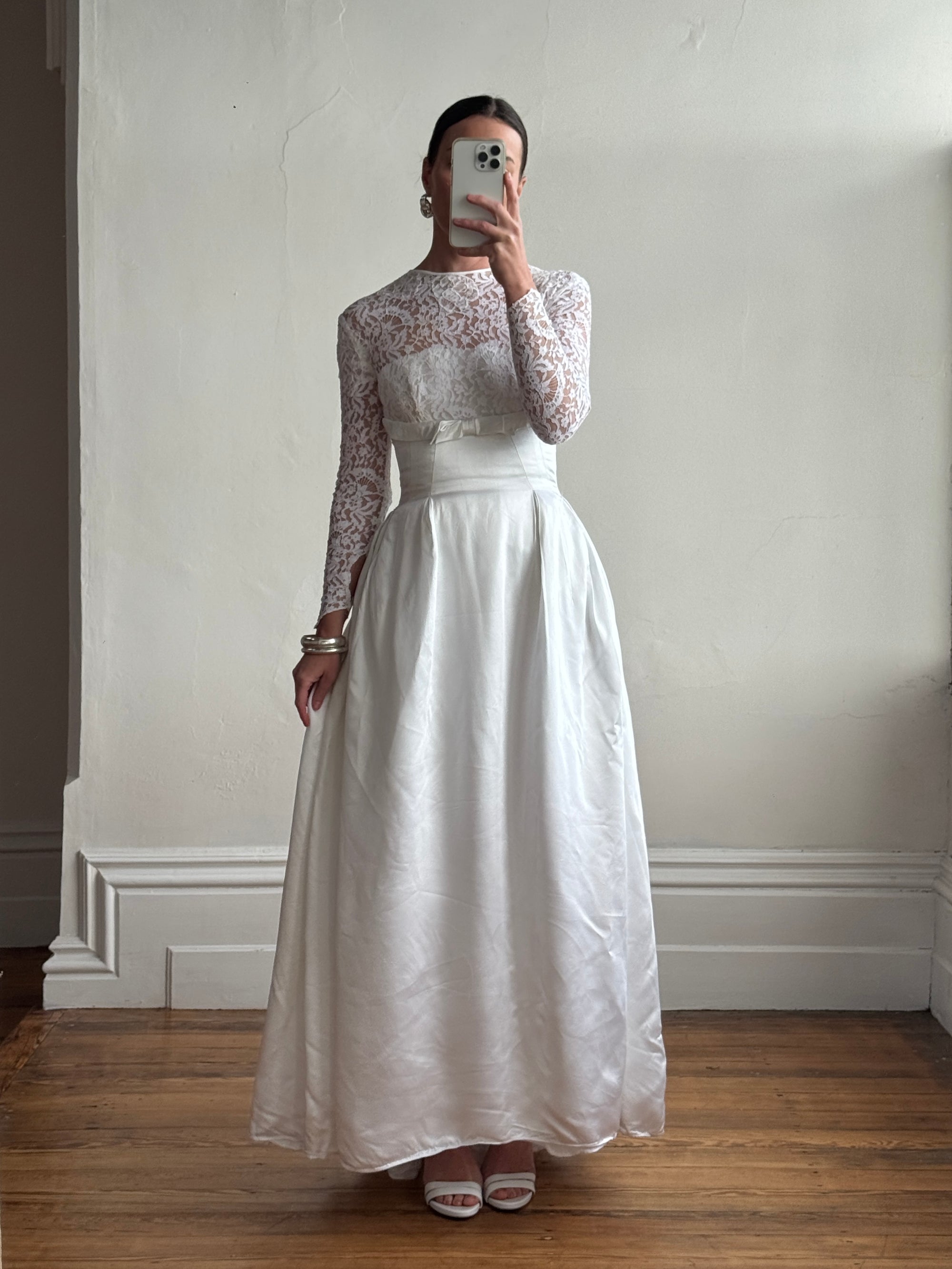 Vintage 50s Reworked Lace Long Sleeve Satin Wedding Gown With Bow