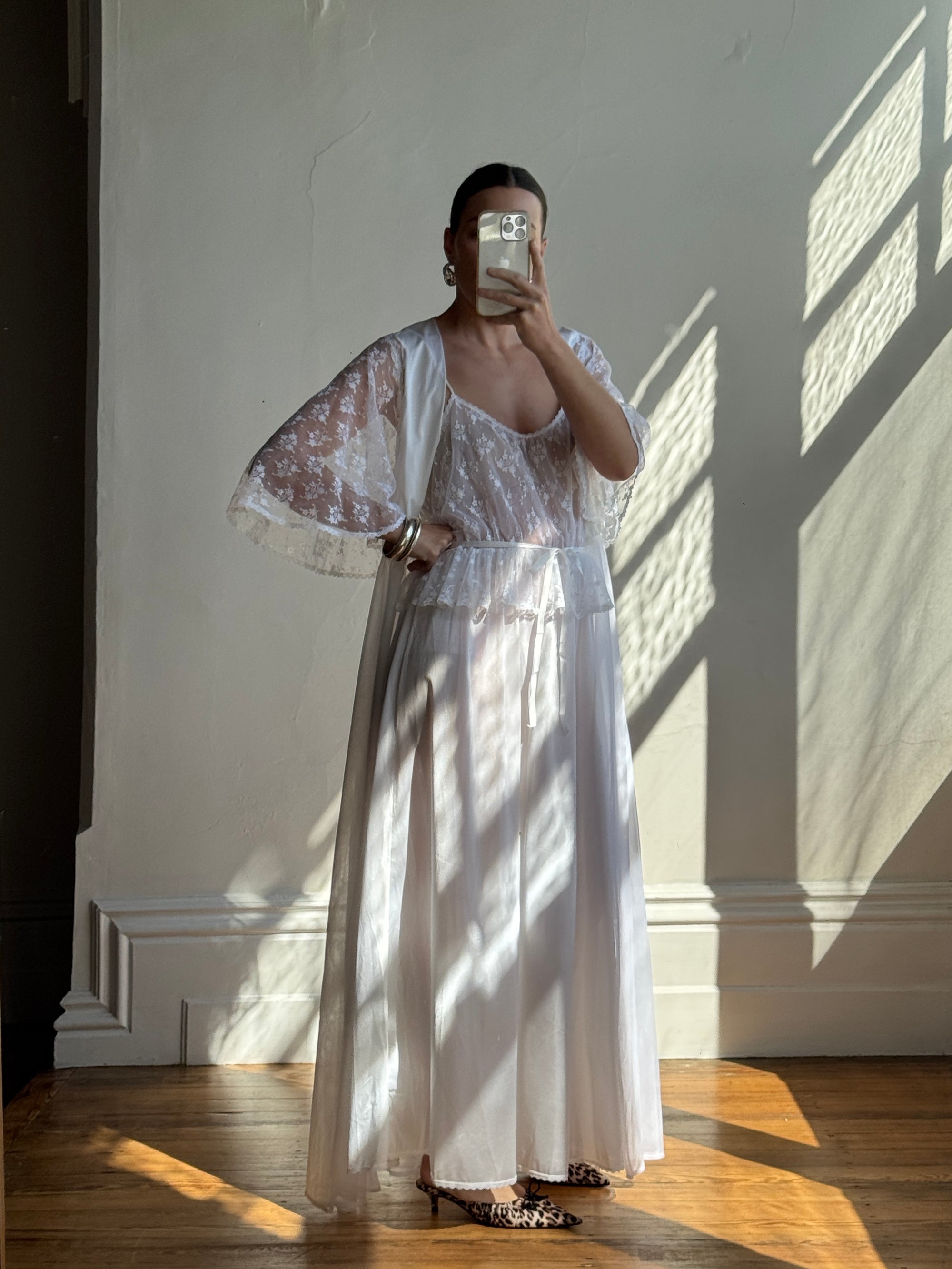 Vintage 80s Lace Peignoir and Slip Set