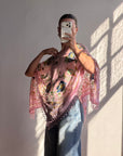 Vintage 90s Pink Floral Beaded Fringe Poncho