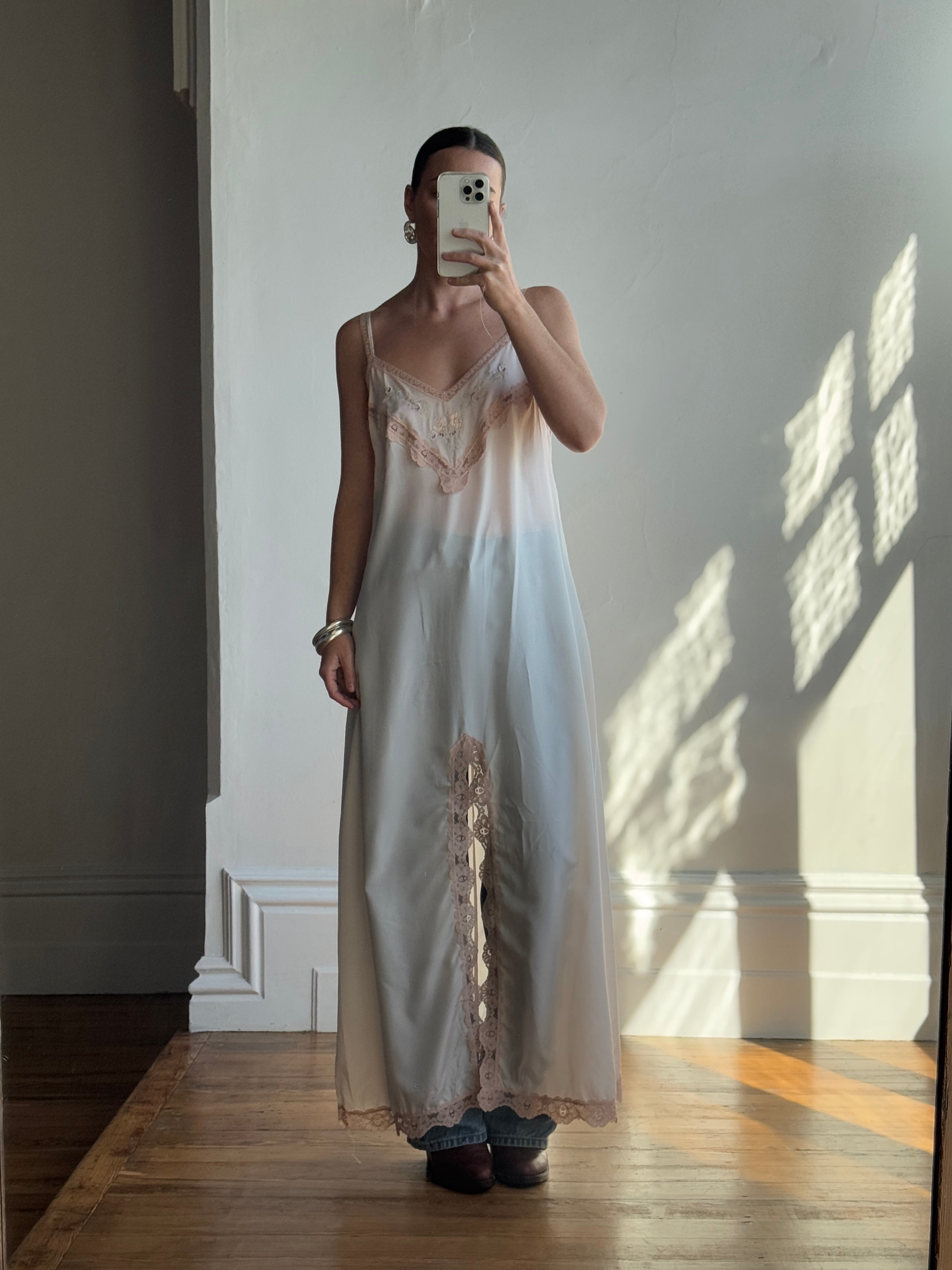 Vintage Embroidered Lace Midi Slip Dress Marshmallow