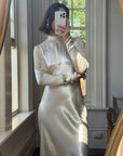 Vintage 40s Liquid Satin Wedding Gown Jester Lace Neckline