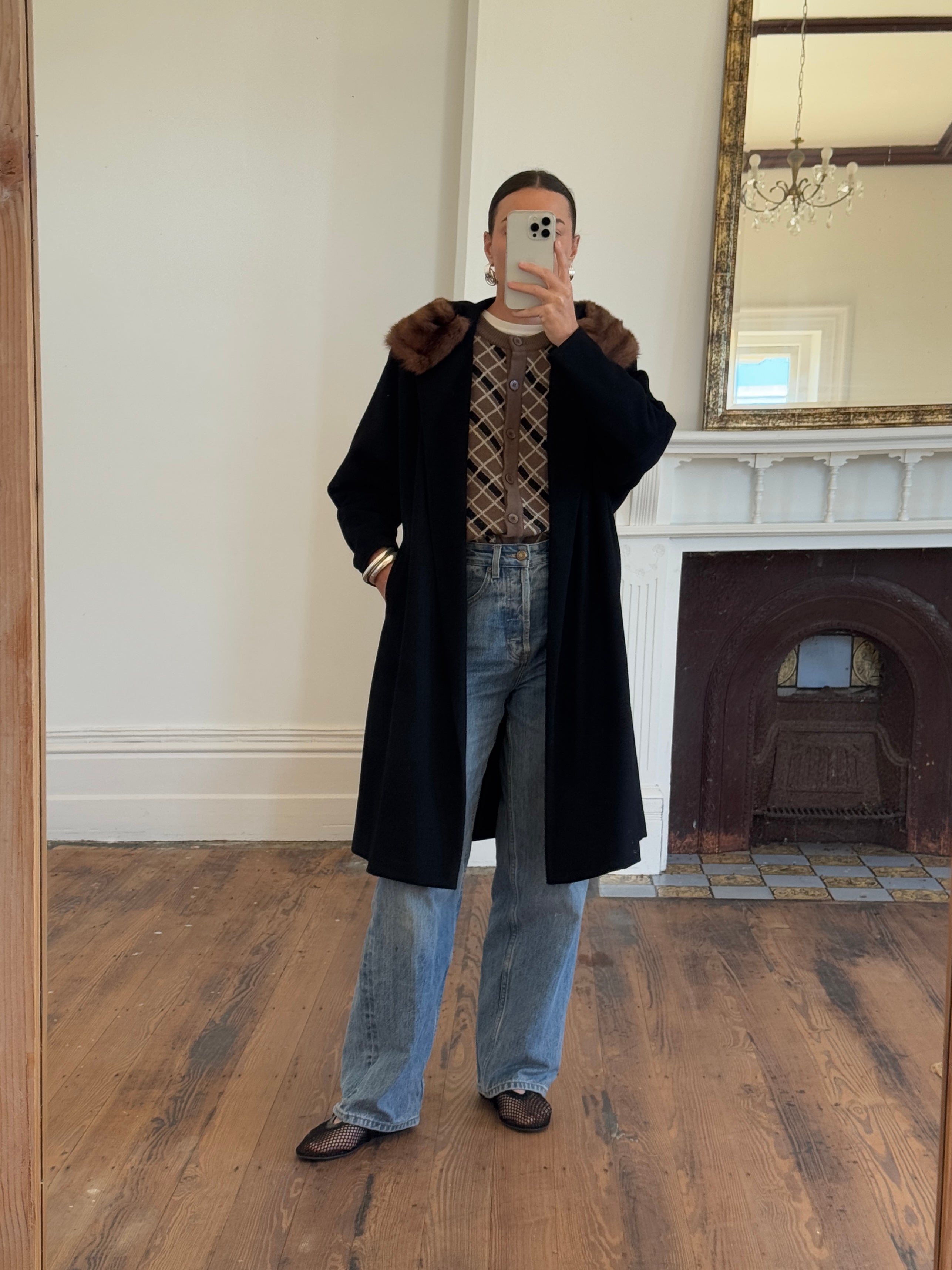 Vintage 60s Noir Pure Wool Mid Length Overcoat with Fur Collar