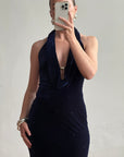 Vintage 90s Plunging Navy Velvet Bodycon Dress with Silver Hardware