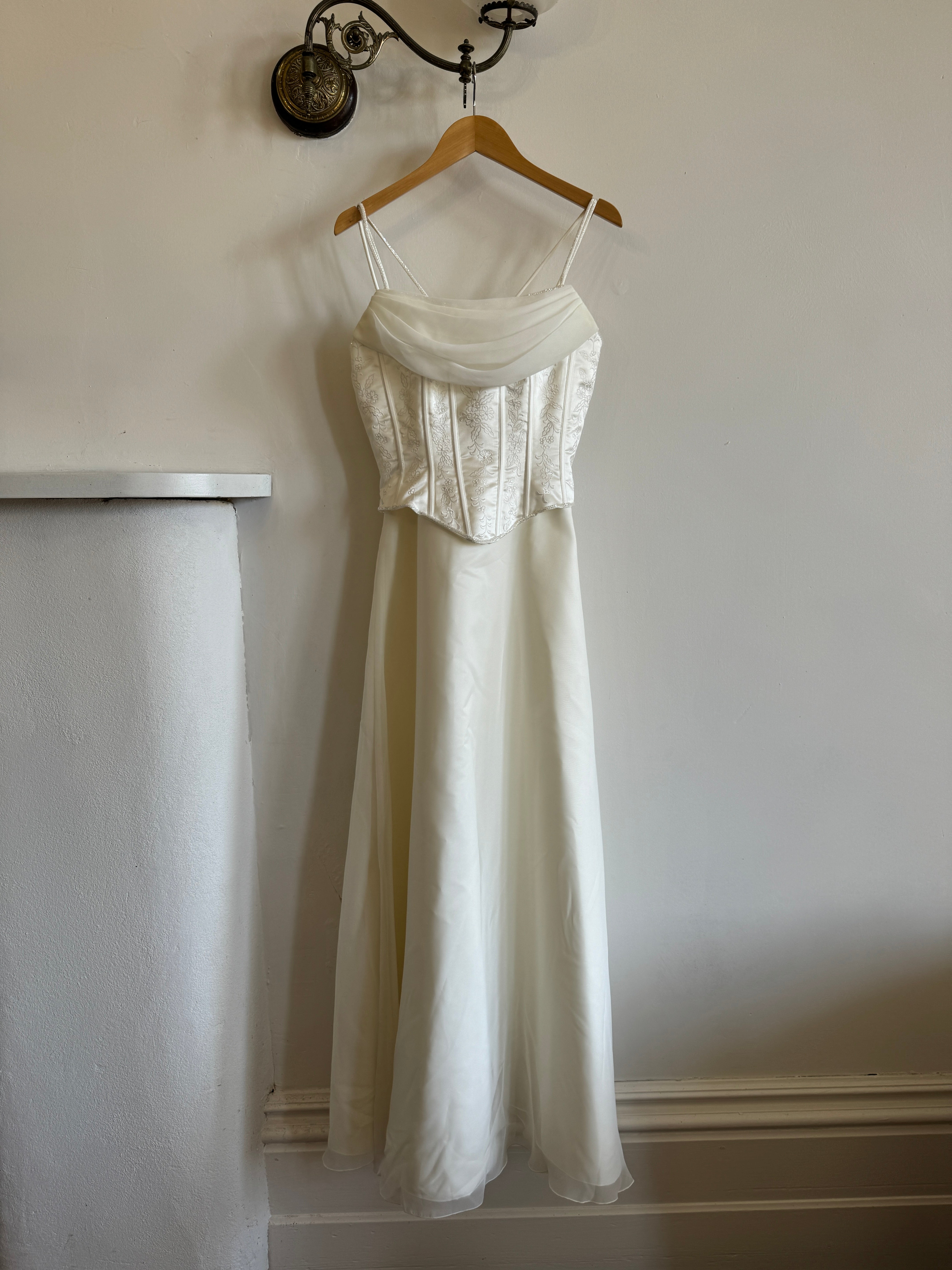 Vintage 90s Cowl Neck Jacquard Bodice Satin Wedding Dress