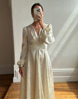 Vintage 70s Floral Satin Jacquard Wedding Dress Creme