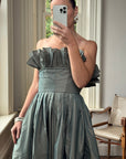 Vintage 80s Taffeta Pleated Strapless Gown Slate