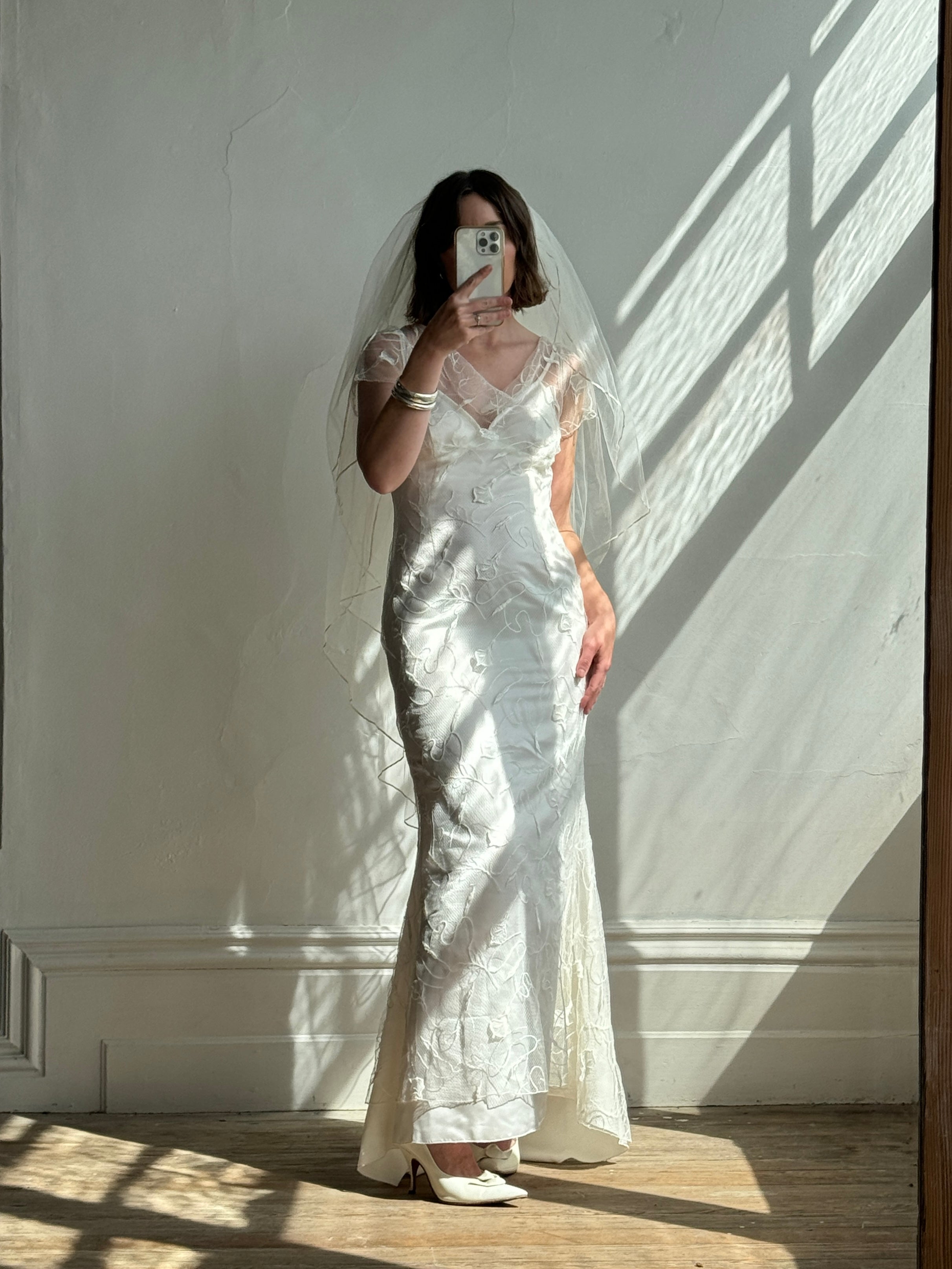 Vintage 90s Net Cowl Neck Mermaid Wedding Dress