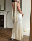 Vintage 90s Pure Silk Embellished Midi Dress With Scarf Creme