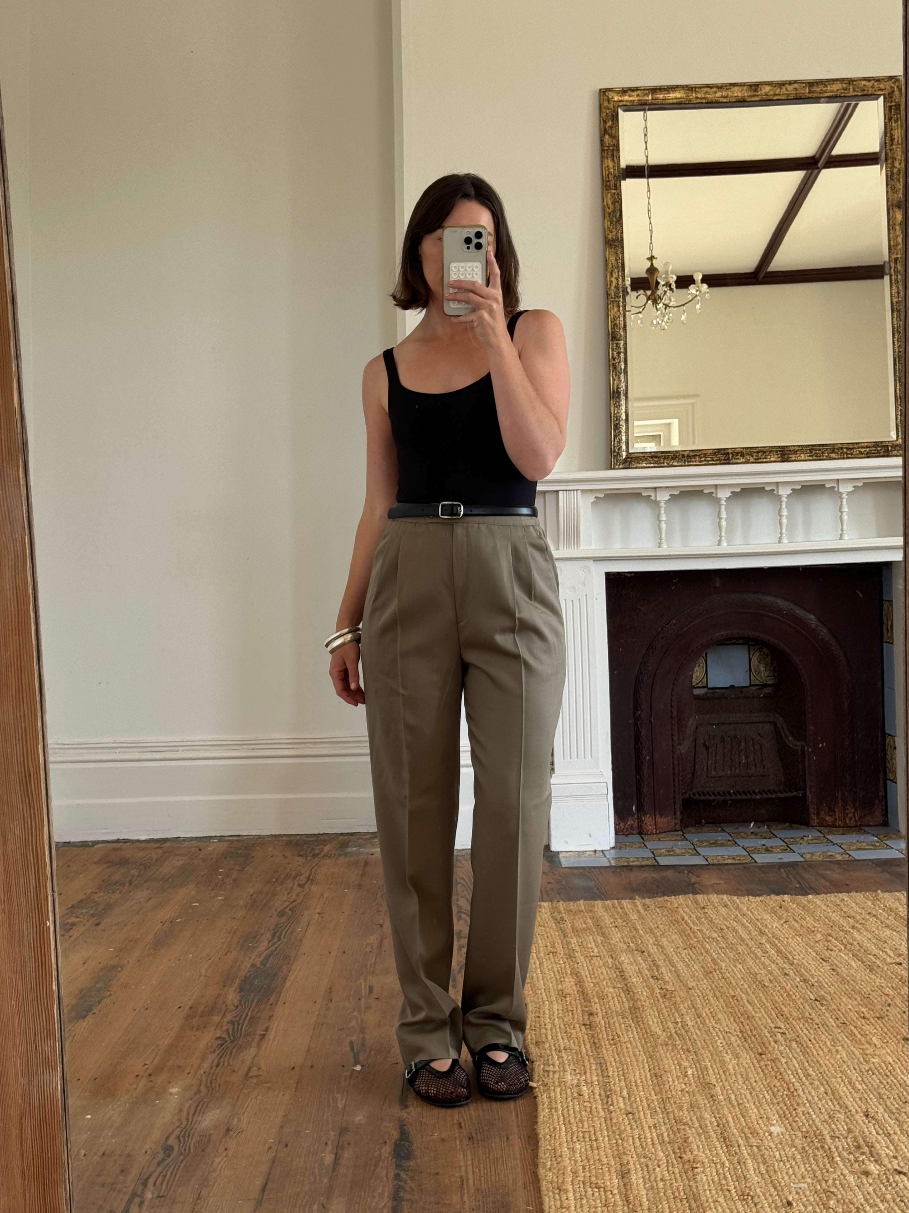 Vintage 80s Worsted Wool High Waist Suit Pant Olive Grey
