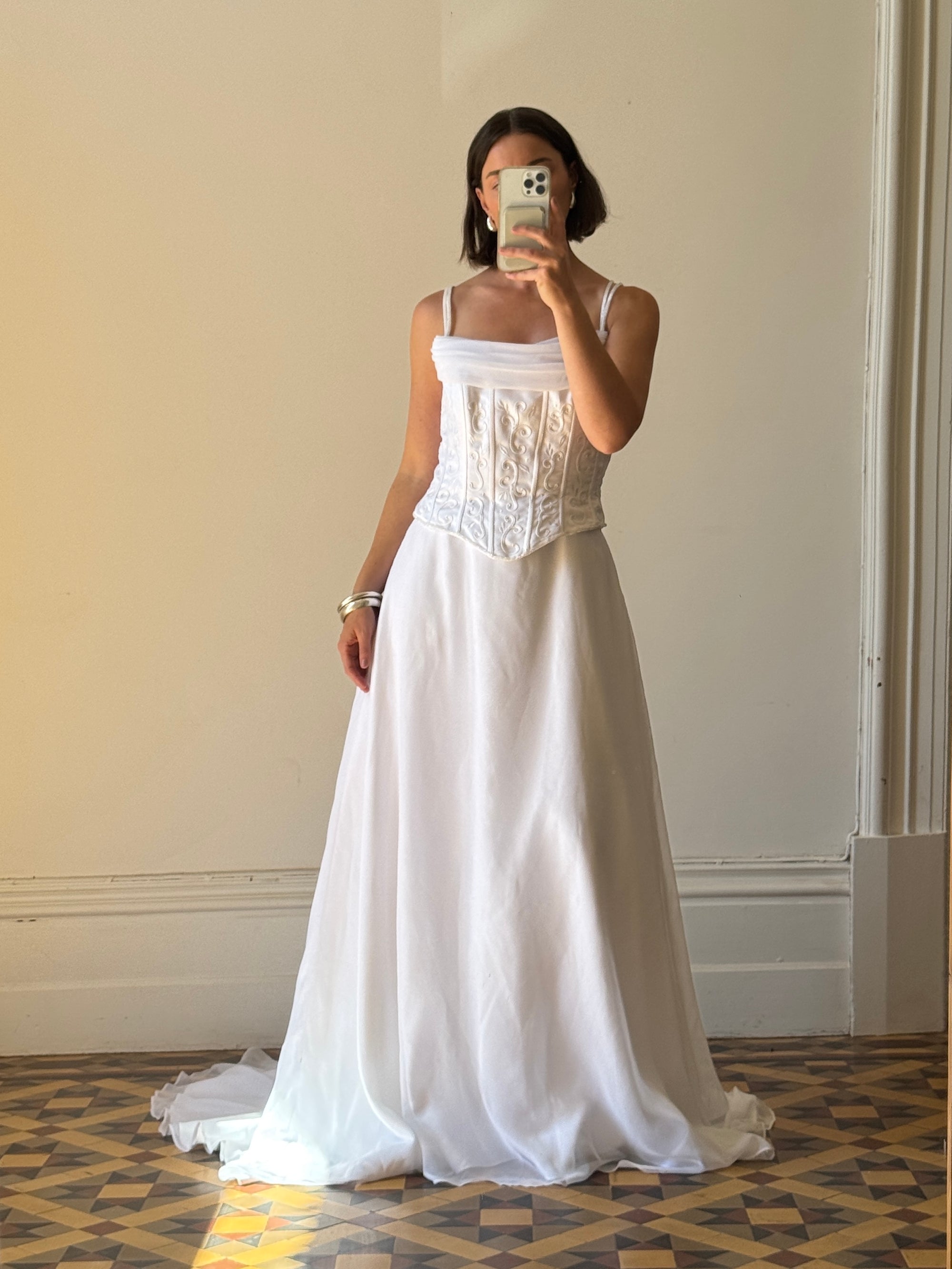Vintage 90s Embroidered Corset Cowl Neck Wedding Dress