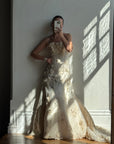 Vintage 90s Haute Couture 3D Floral Strapless Wedding Gown