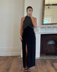 Vintage 70s High Neck Silver Lurex Evening Gown Noir