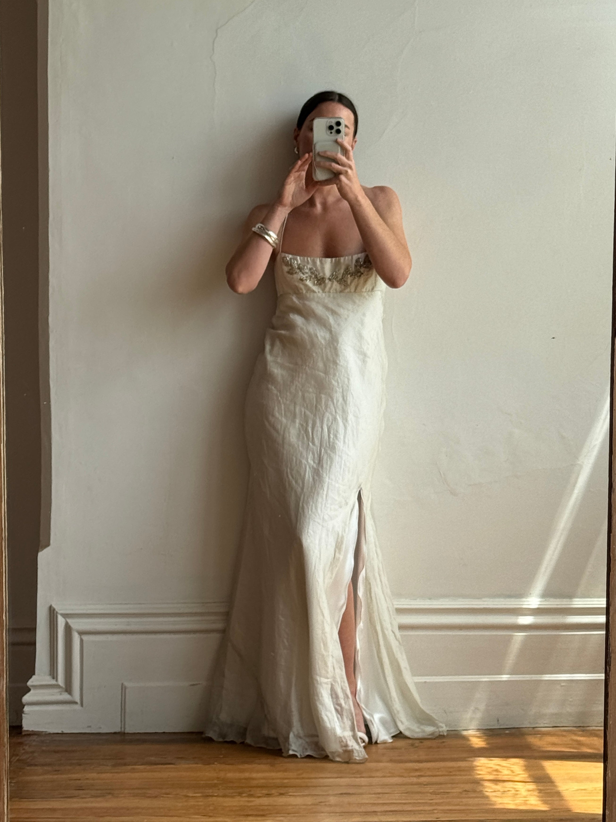 Vintage 90s Pure Silk Stripe Organza Empire Dress With Leaf Beads