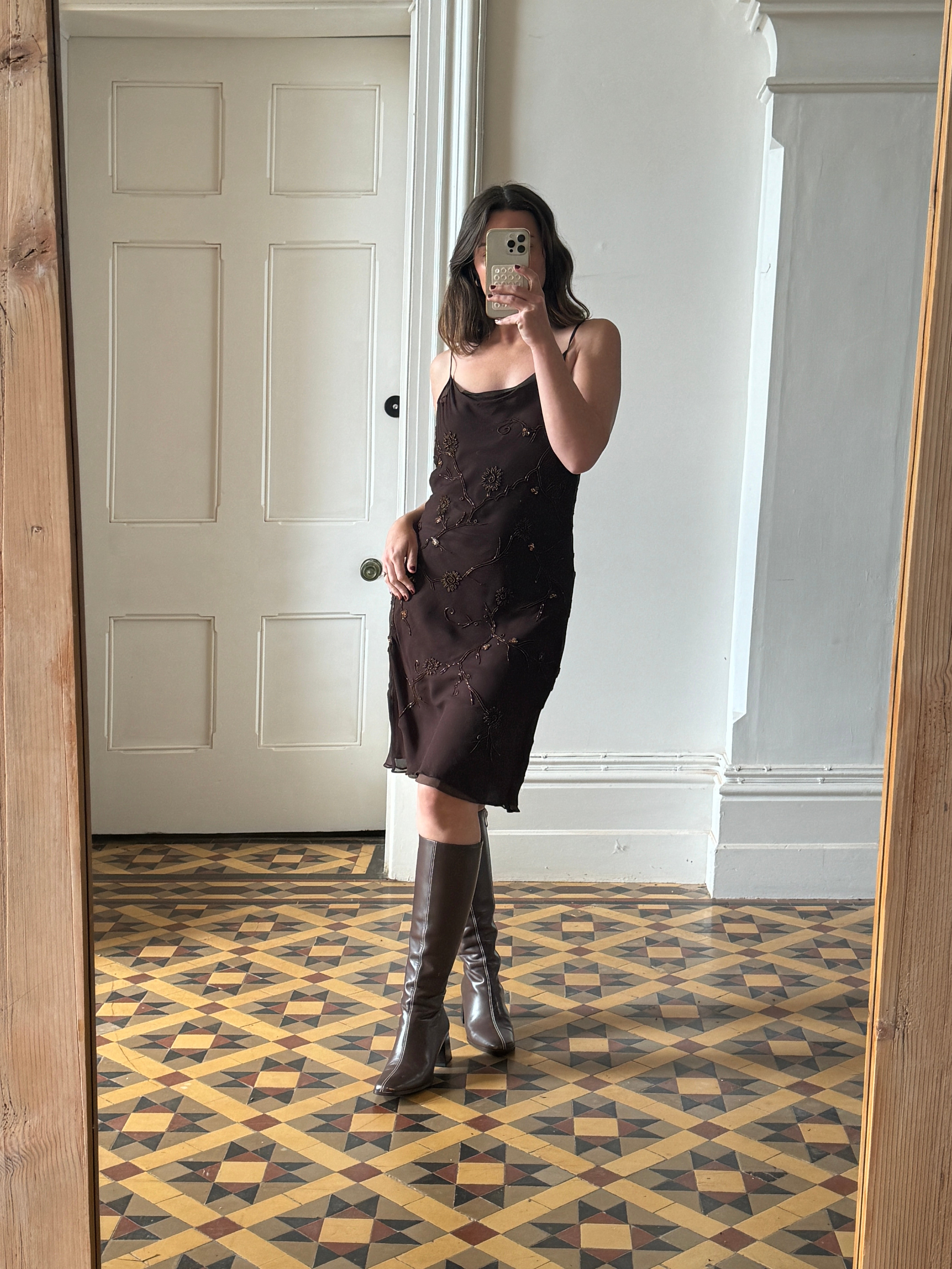 Vintage 90s Pure Silk Bias Cut Beaded Dress Brown