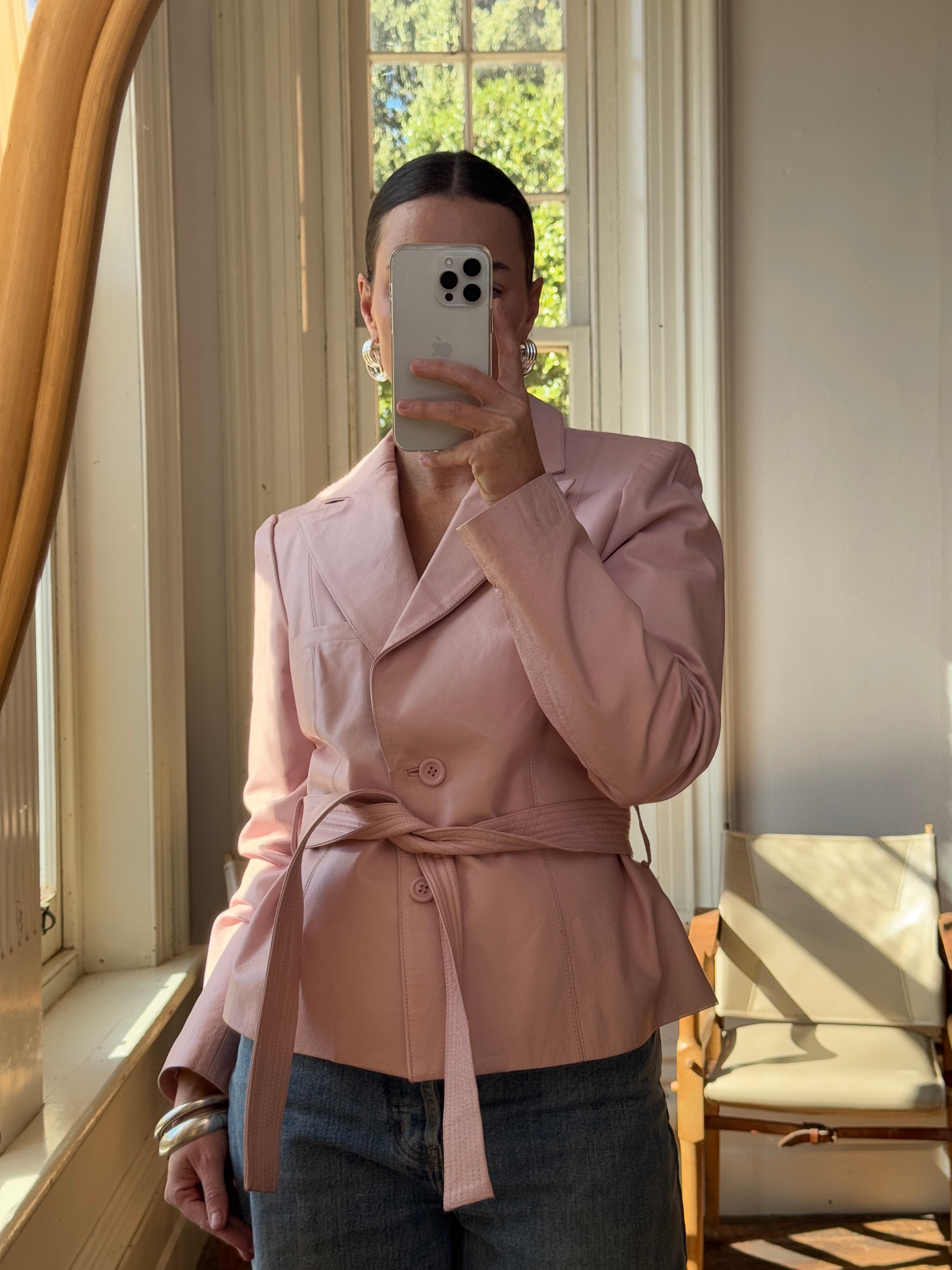 Vintage 90s Mini Trench Leather Jacket Baby Pink