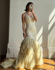 Vintage 90s Fishtail Beaded Tulle Wedding Gown Champagne