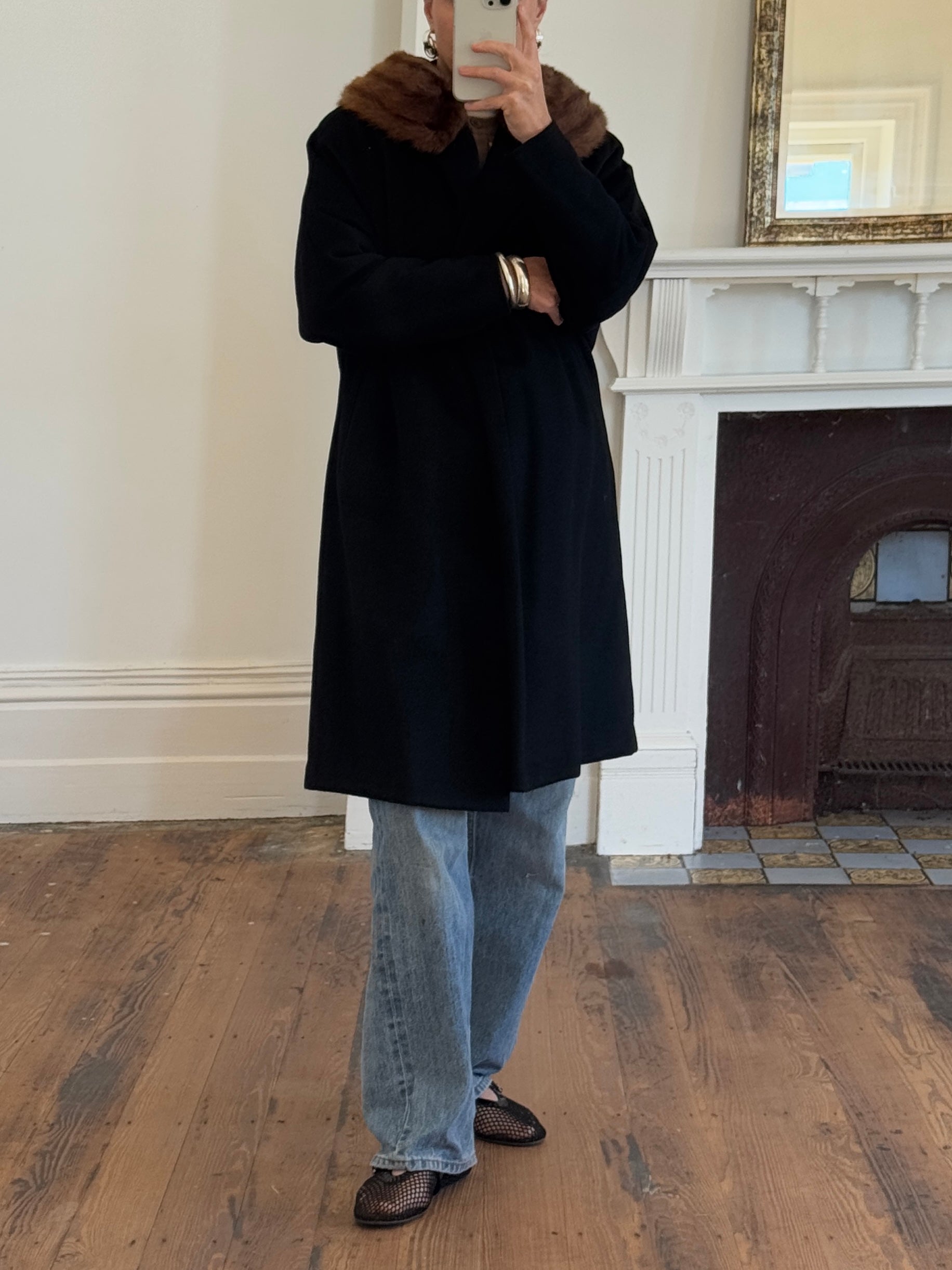 Vintage 60s Noir Pure Wool Mid Length Overcoat with Fur Collar