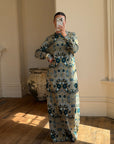Vintage 70s Paisley Tapestry Long Sleeved Maxi Dress Blue
