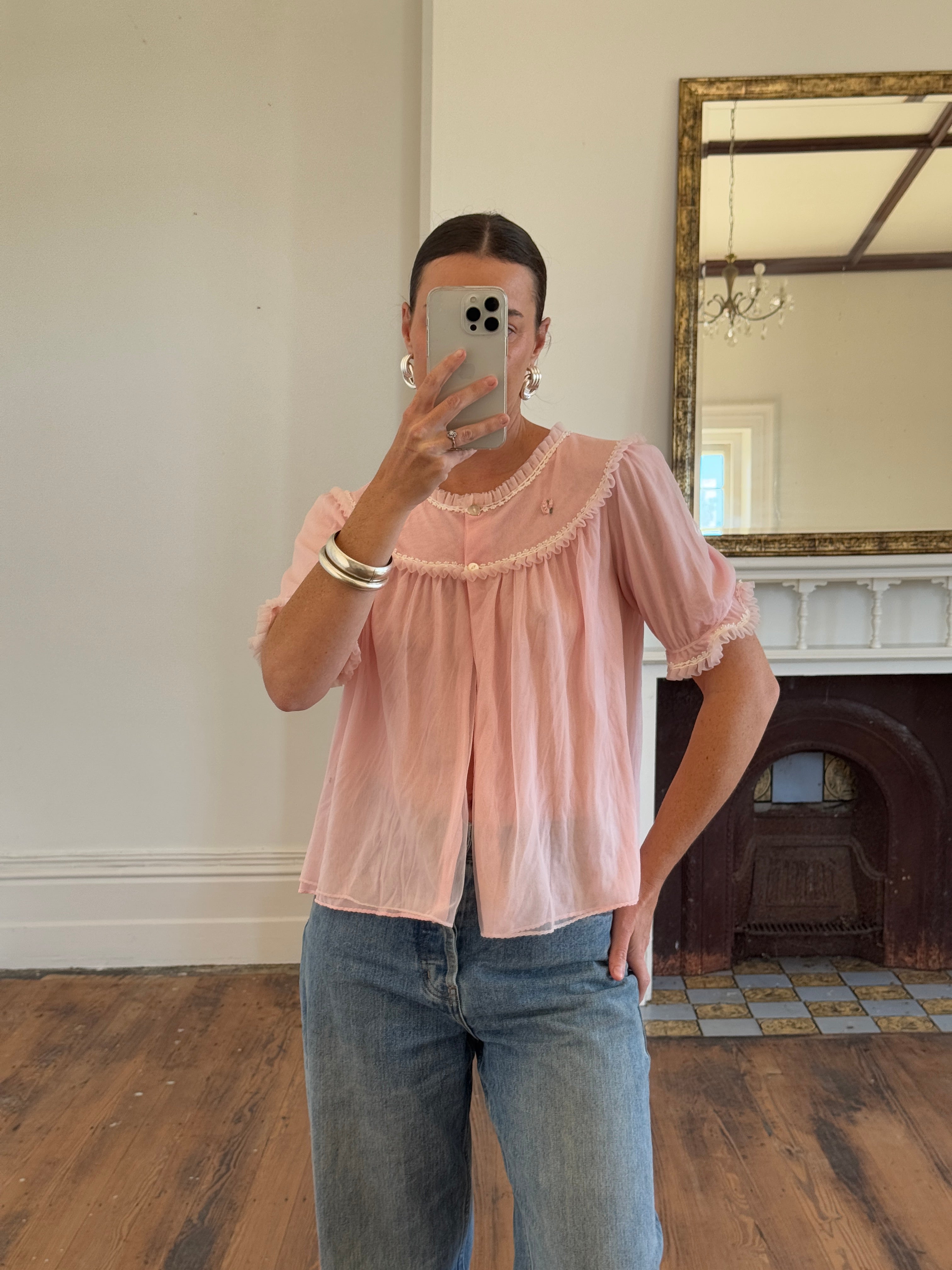 Vintage 60s Button Up Embroidered Frill Top Marshmallow