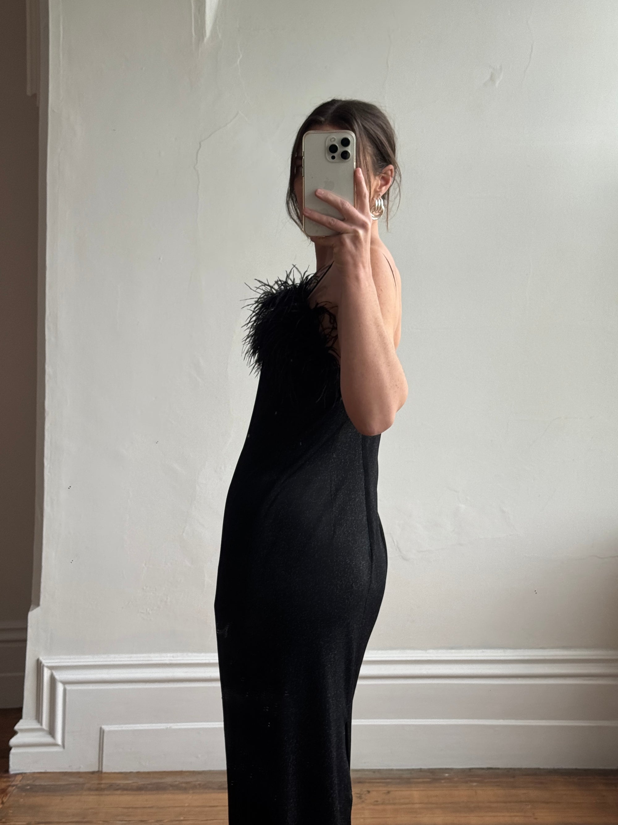 Vintage 90s Lurex Ostrich Feather Dress Noir
