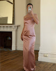 Vintage 90s Dusty Rose Satin High Neck Dress