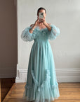 Vintage 80s Sky Blue Tulle Off Shoulder Party Dress