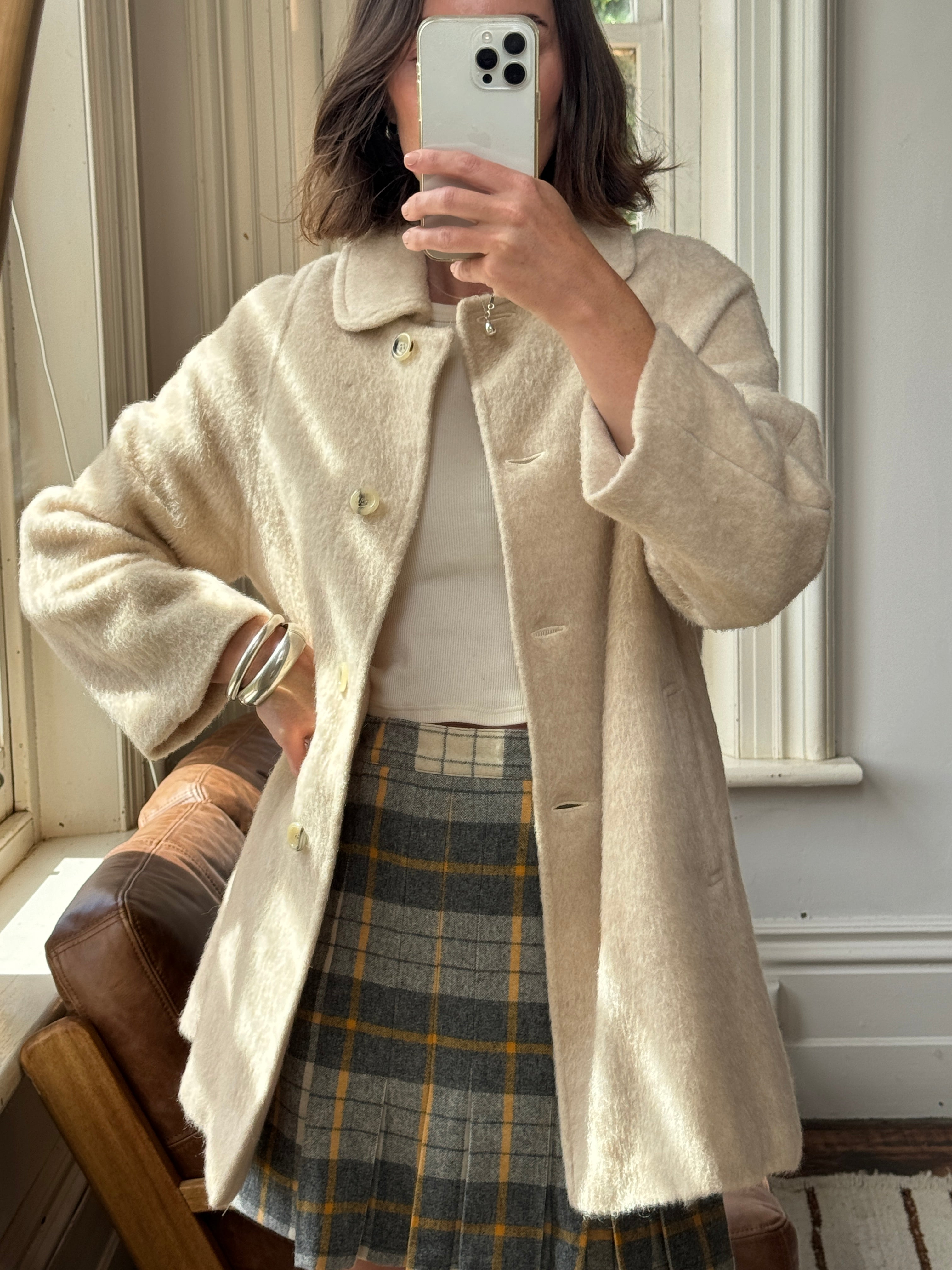 Vintage Creme Mohair and Wool Short Button Up Coat