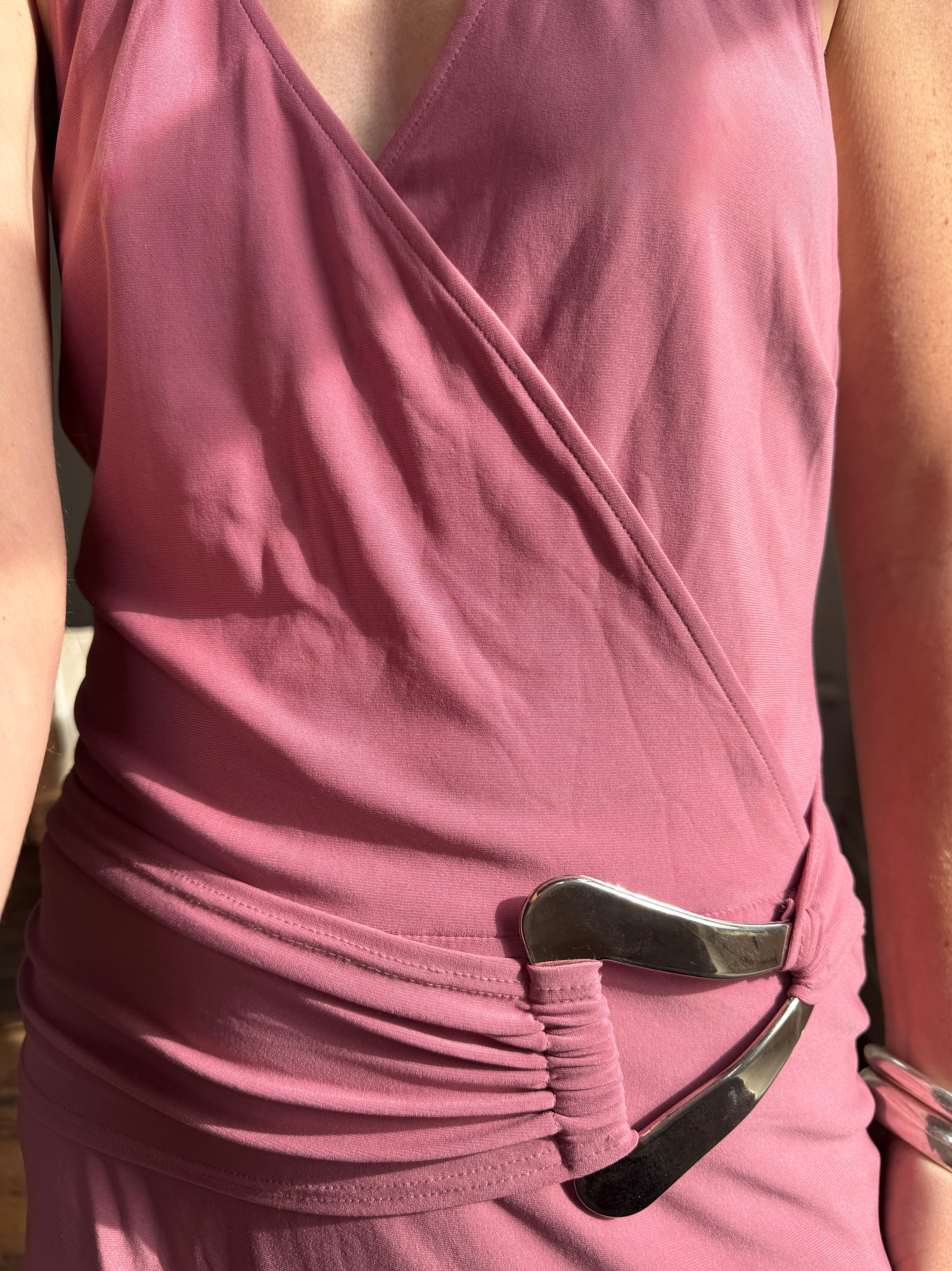 Vintage Y2K Australian Made Dusty Pink Jersey Dress With Silver Buckle