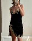Vintage 90s Australian Made Velvet Lace Side Split Dress Creme Noir