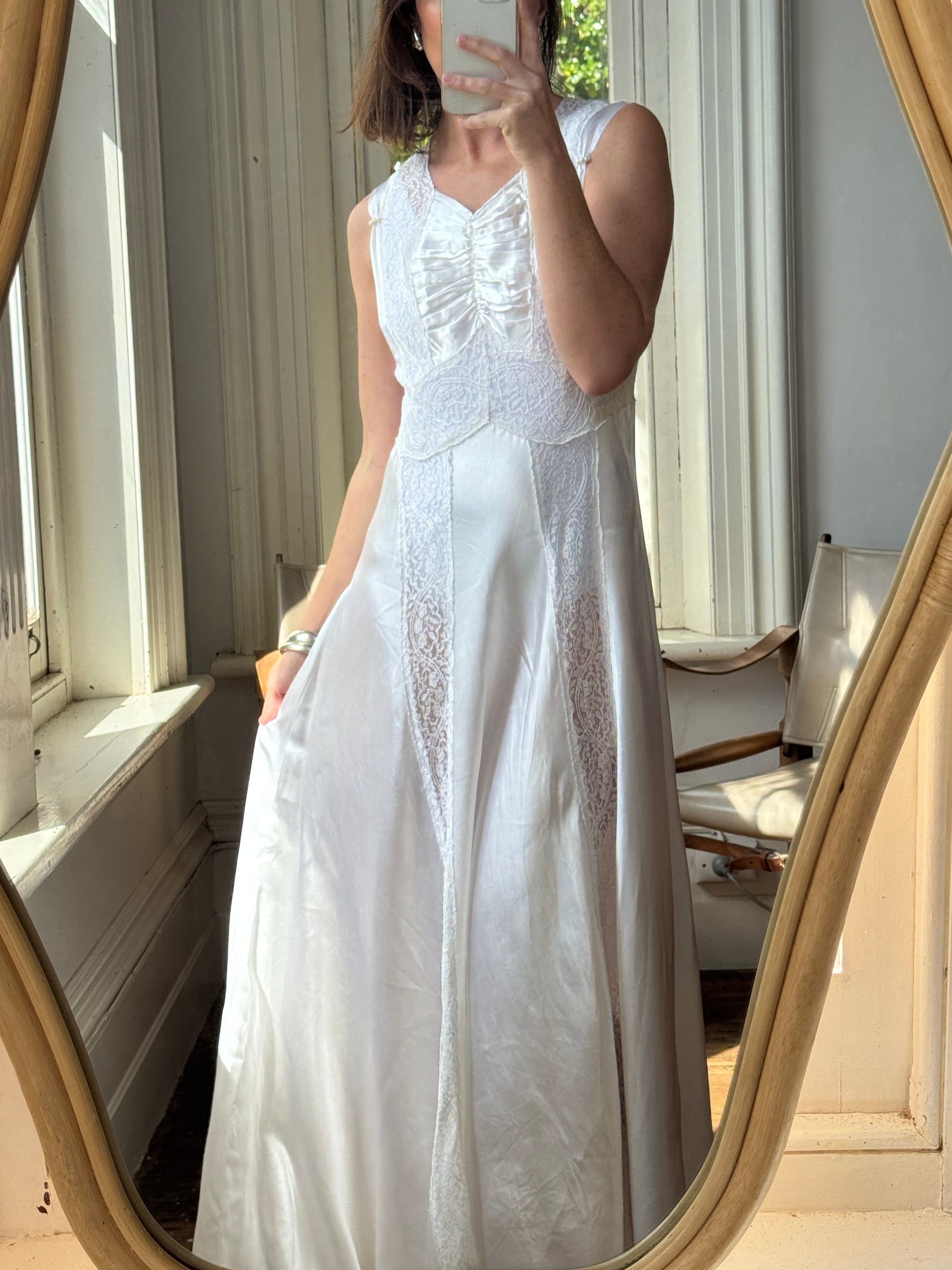 Vintage 40s Liquid Satin Sleeveless Lace Wedding Gown