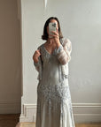Vintage 90s Pure Silk Beaded V Neck Dress Light Grey
