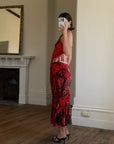 Vintage Y2K Burnt Velvet Beaded Fringe Halter and Skirt Set Crimson