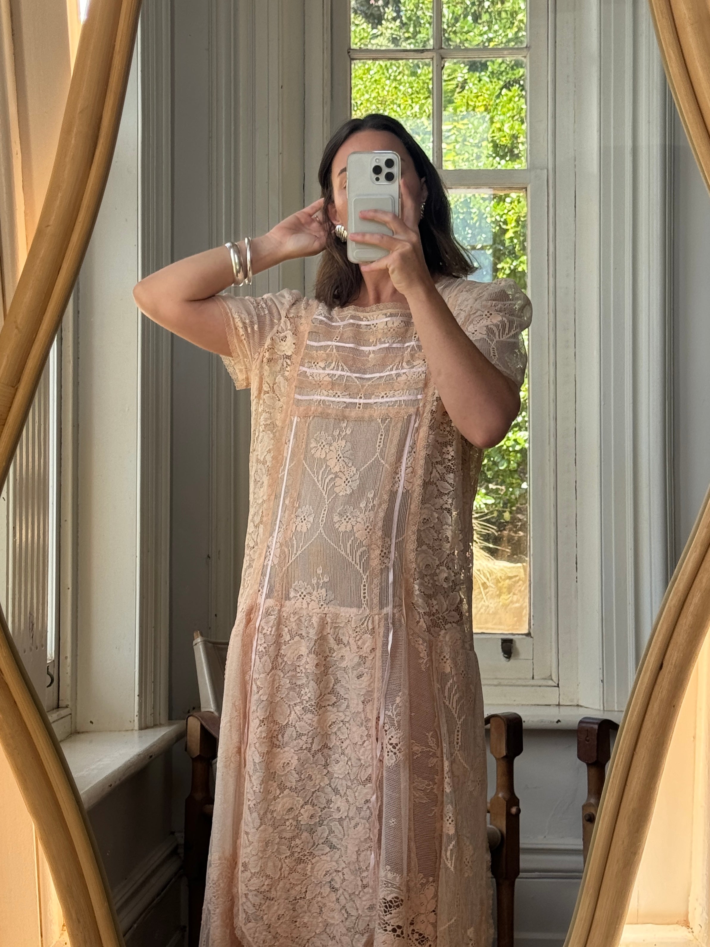 Vintage 70s Peach Cotton Lace Drop Waist Dress
